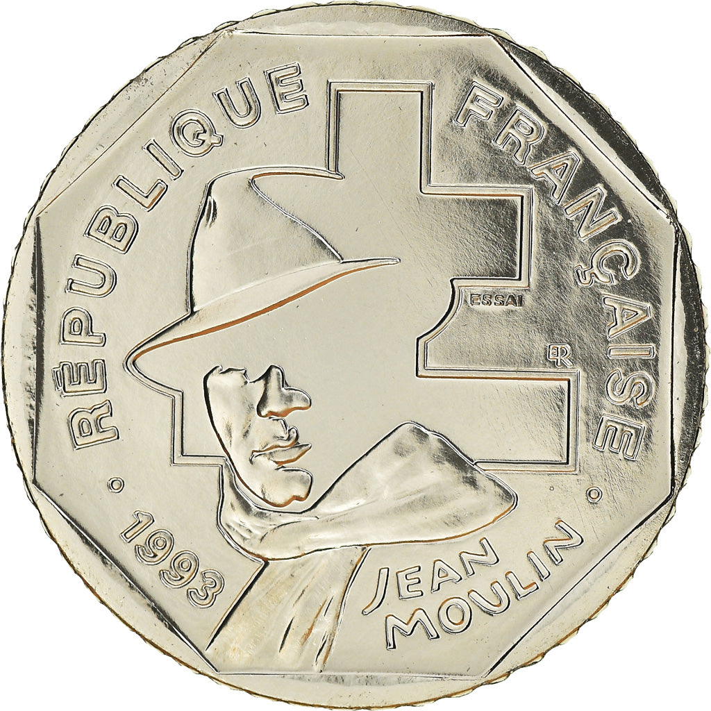 Moeda, França, Jean Moulin, 2 Francs, 1993, ENSAIO, MS(65-70), Níquel