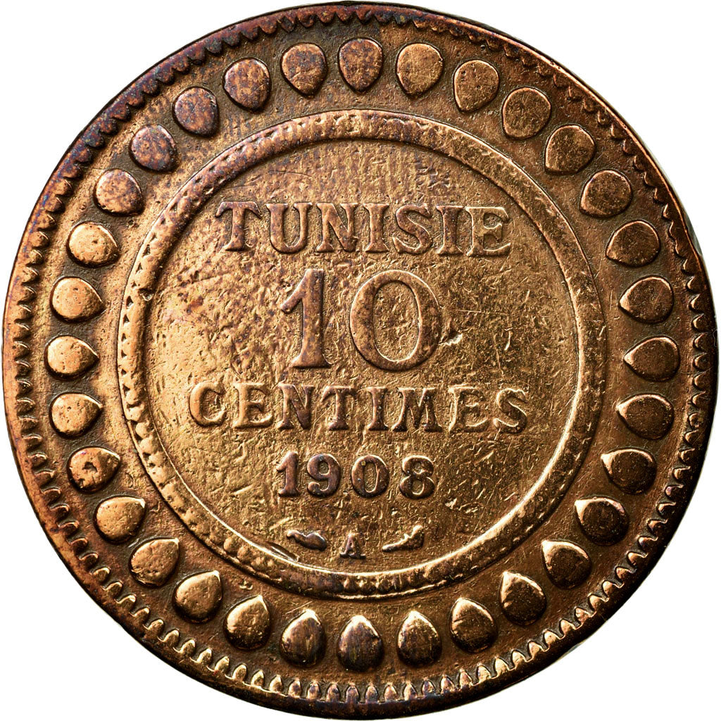 Coin, Tunisia, Muhammad al-Nasir Bey, 10 Centimes, 1908, Paris, VF(30-35)