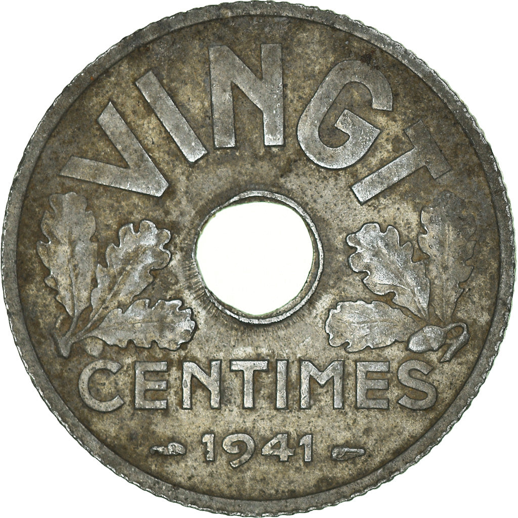 Coin, France, État français, 20 Centimes, 1941, Cannelures Larges, VF(30-35)