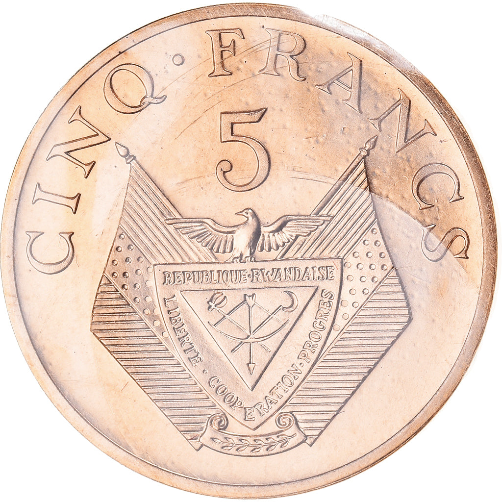 Moeda, Ruanda, 5 Francs, 1977, ENSAIO, MS(65-70), Bronze, KM:E5