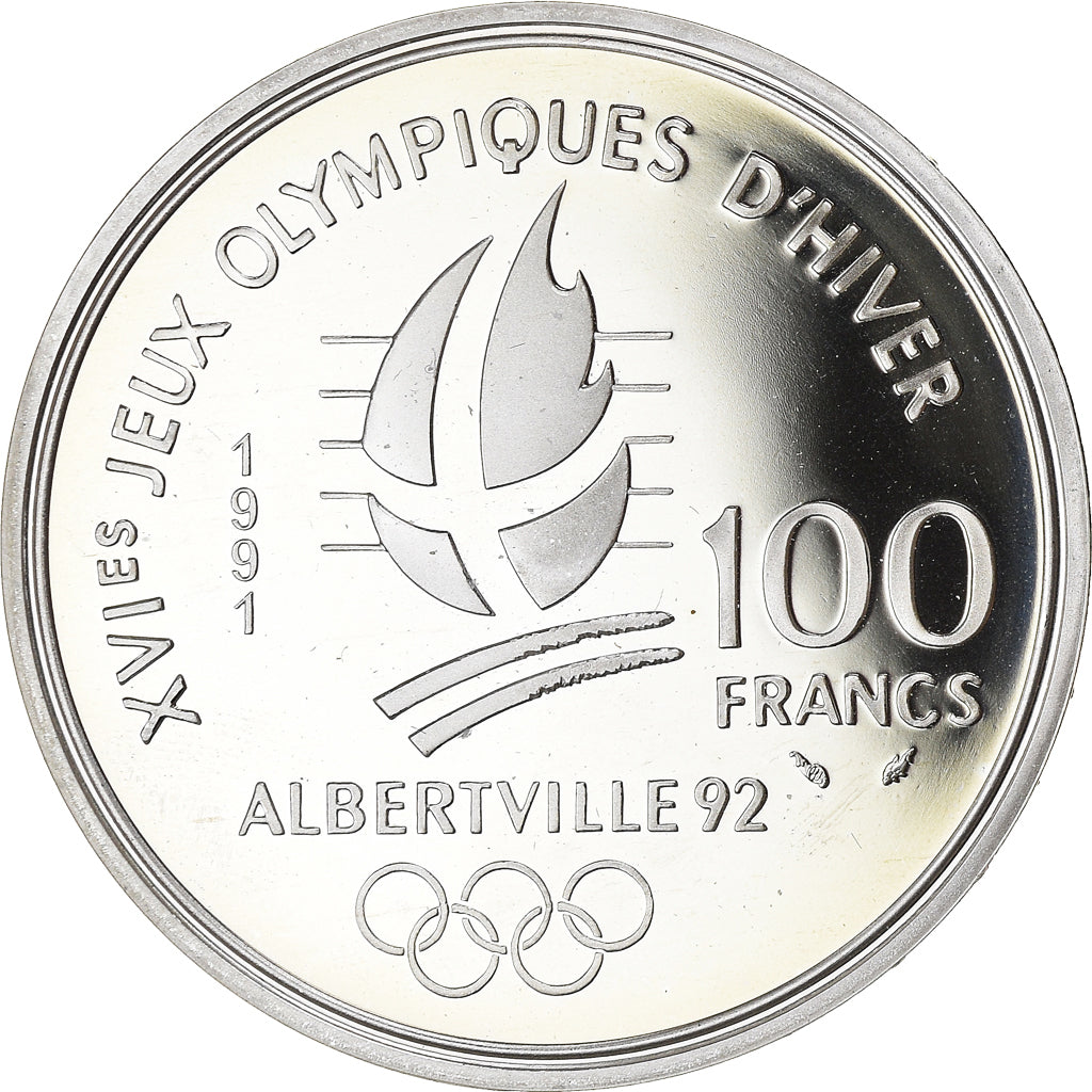 Monnaie, France, Albertville 92, saut à ski, 100 Francs, 1991, BE, SPL, Argent