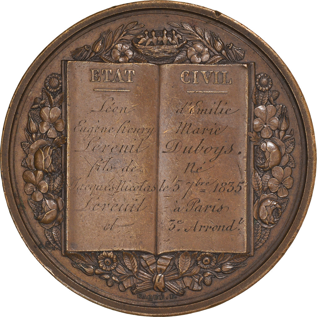 Frankreich, Medaille, Naissance, Etat Civil, Paris, Society, 1835, F. Caqué