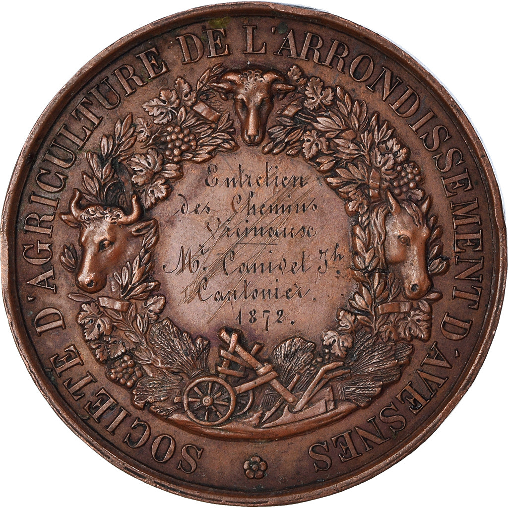 France, Medal, Mathieu de Dombasle, Mr Canivet, Cantonier, Agriculture, 1872