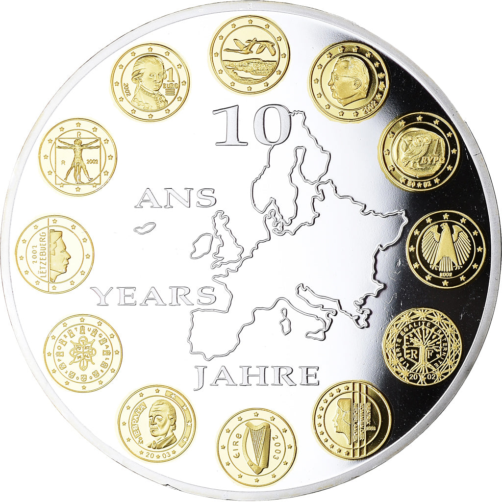 France, Medal, 10 ans de l'Euro, Politics, 2009, MS(65-70), Copper Plated Silver