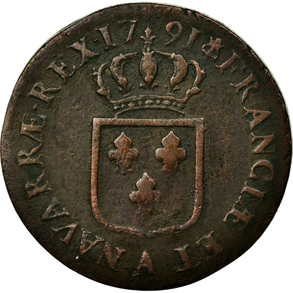 Coin, France, Louis XVI, Sol ou sou, Sol, 1791, Paris, VF(30-35), Copper