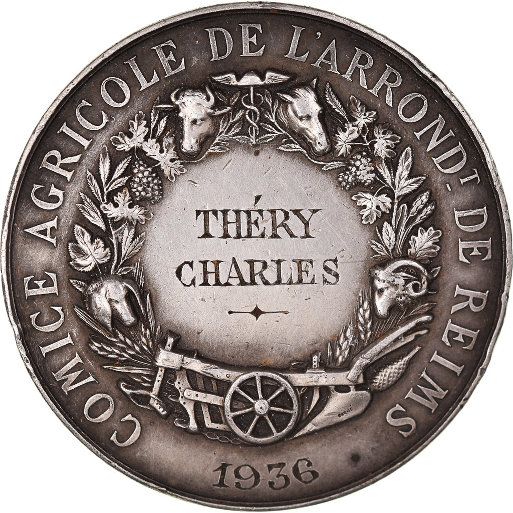 France, Medal, Comice Agricole de Reims, Olivier de Serres, Agriculture, 1936