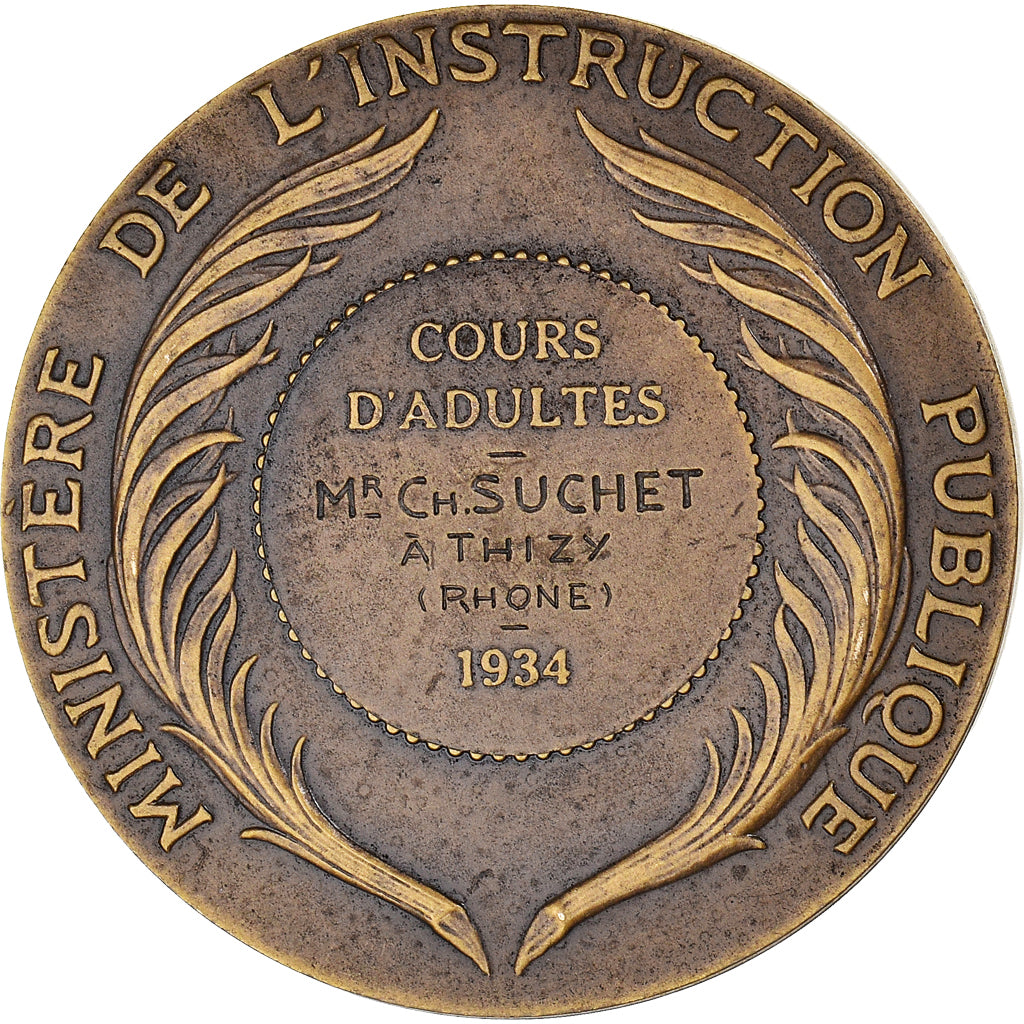 França, medalha, Instruction Publique, Concours d'Adultes, Rhône, 1934