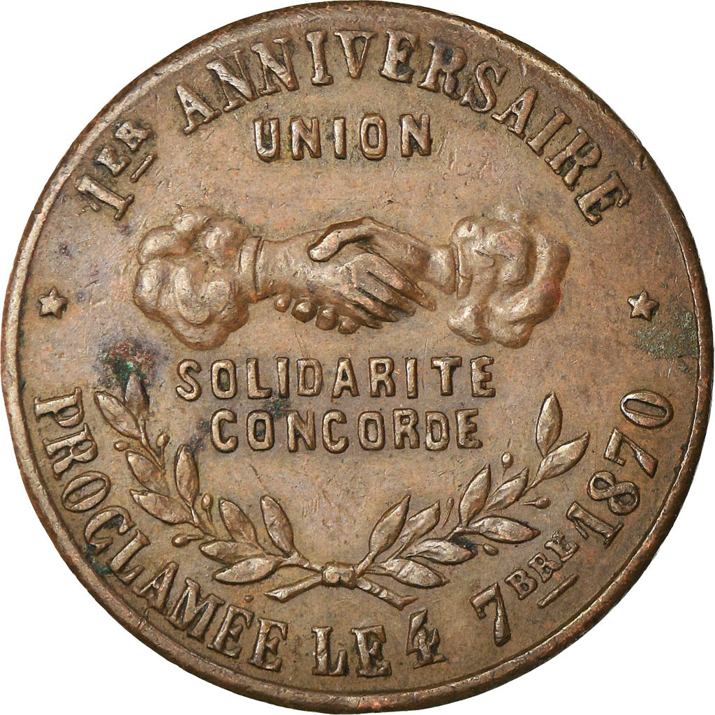 Frankrijk, Medaille, 1èr Anniversaire de l'Union, Solidarité, Concorde, 1870