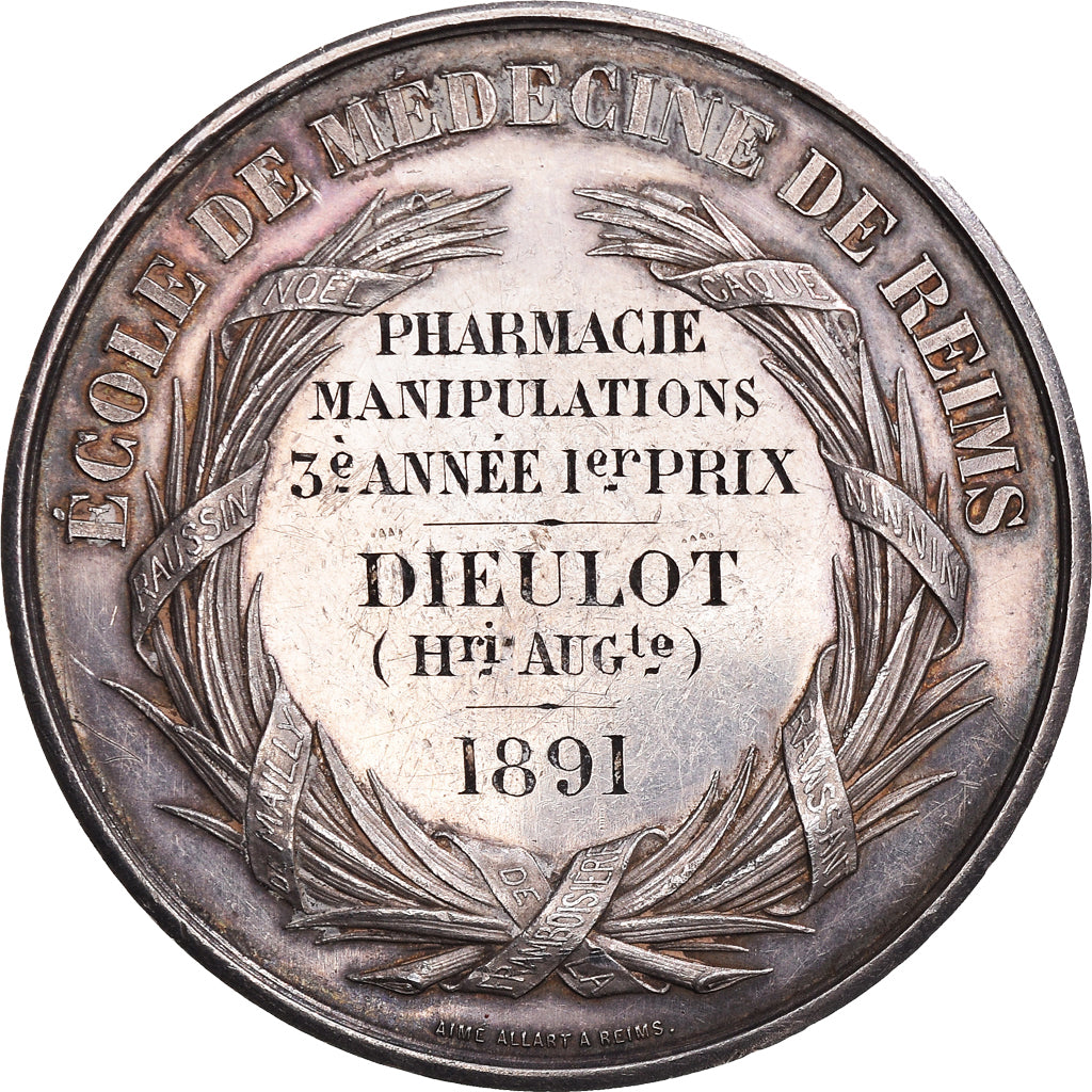 France, Medal, Ecole de Médecine de Reims, Pharmacie, 1891, Dubois.E