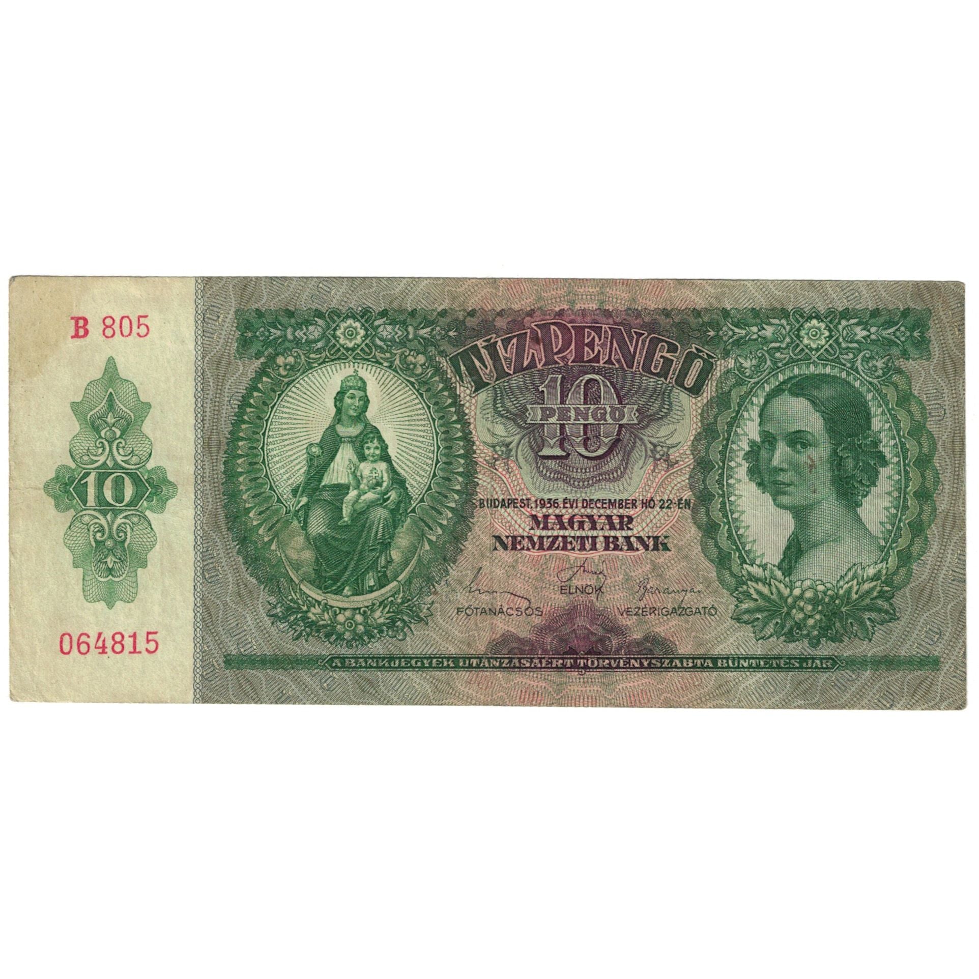 Biljet, Hongarije, 10 Pengö, 1936, 1936-12-22, KM:113, TB
