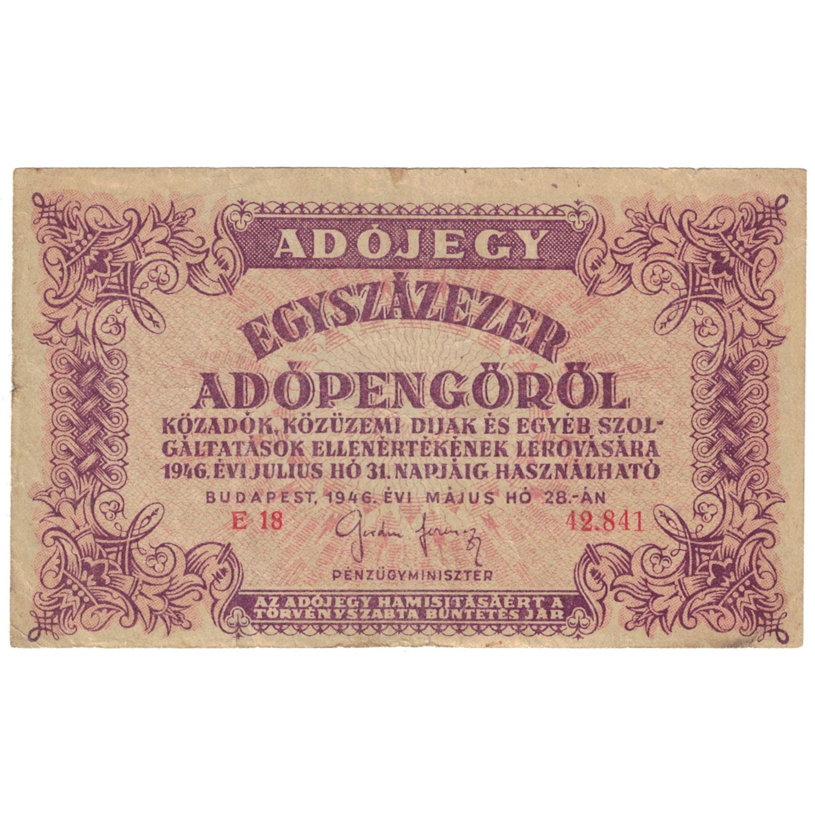 Geldschein, Ungarn, 100,000 (Egyszázezer) Adópengö, 1946, 1946-05-28