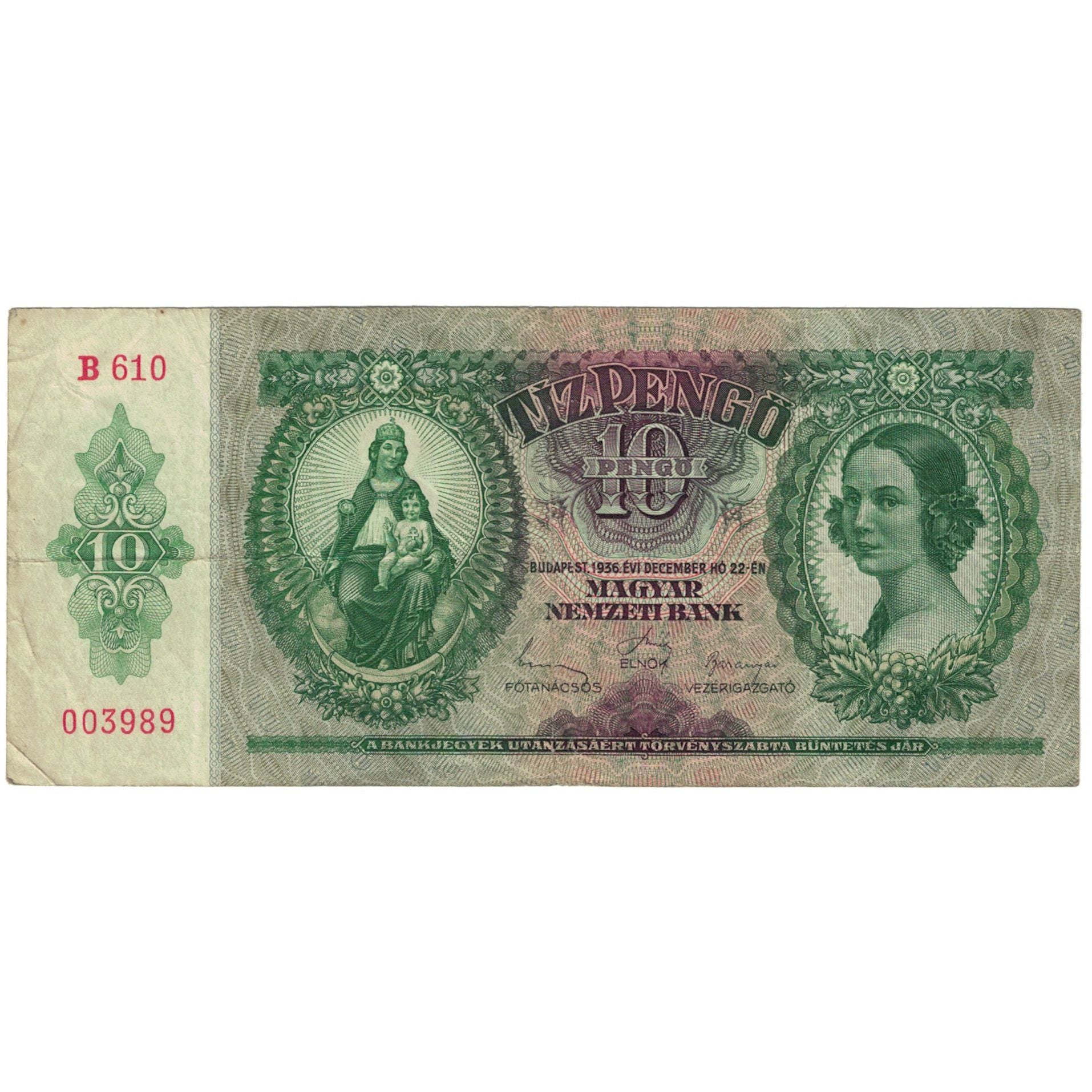 Banknote, Hungary, 10 Pengö, 1936, 1936-12-22, KM:113, VG(8-10)