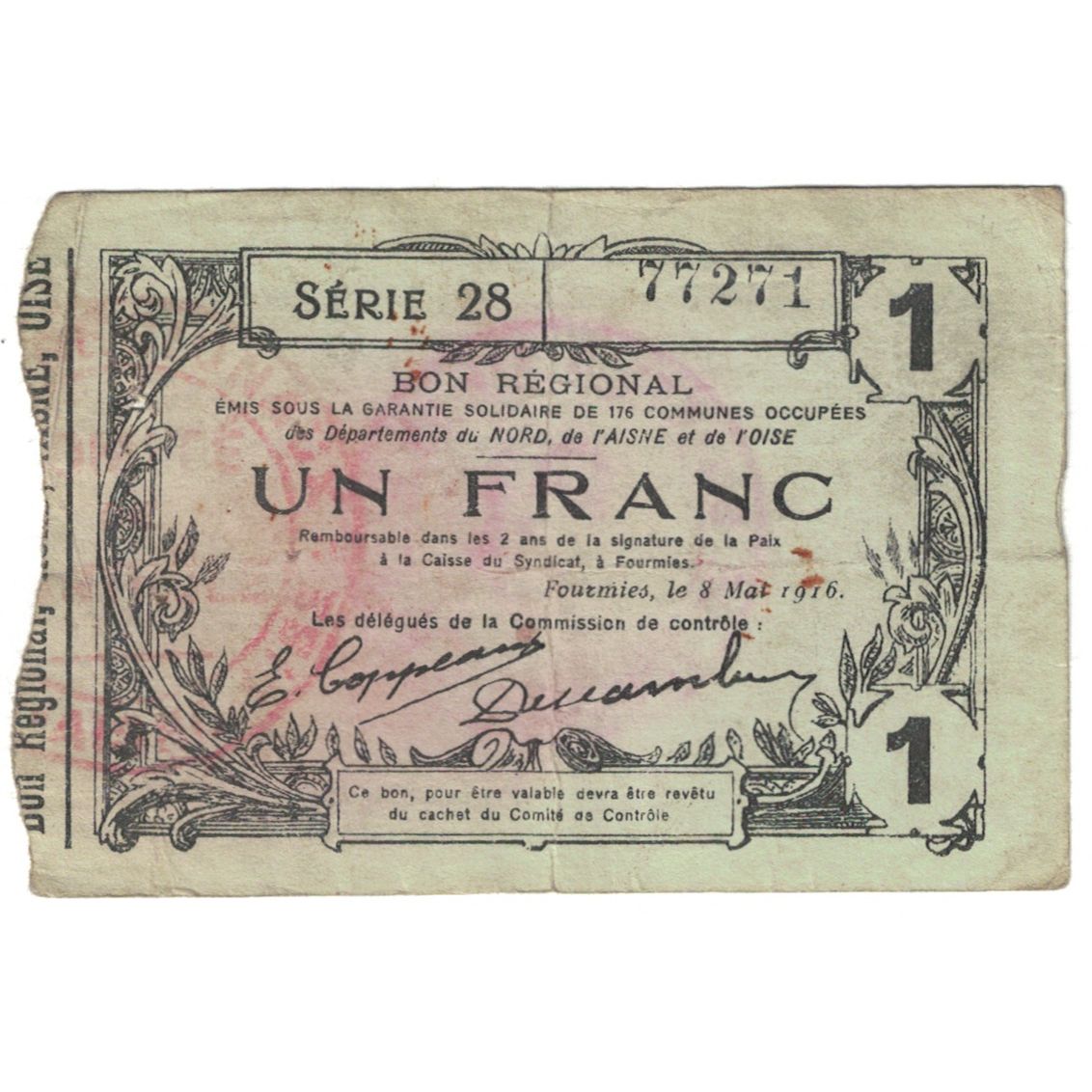 France, Fourmies, 1 Franc, 1916, VF(20-25)