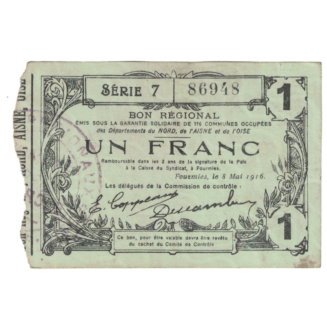 France, Fourmies, 1 Franc, 1916, VF(20-25)