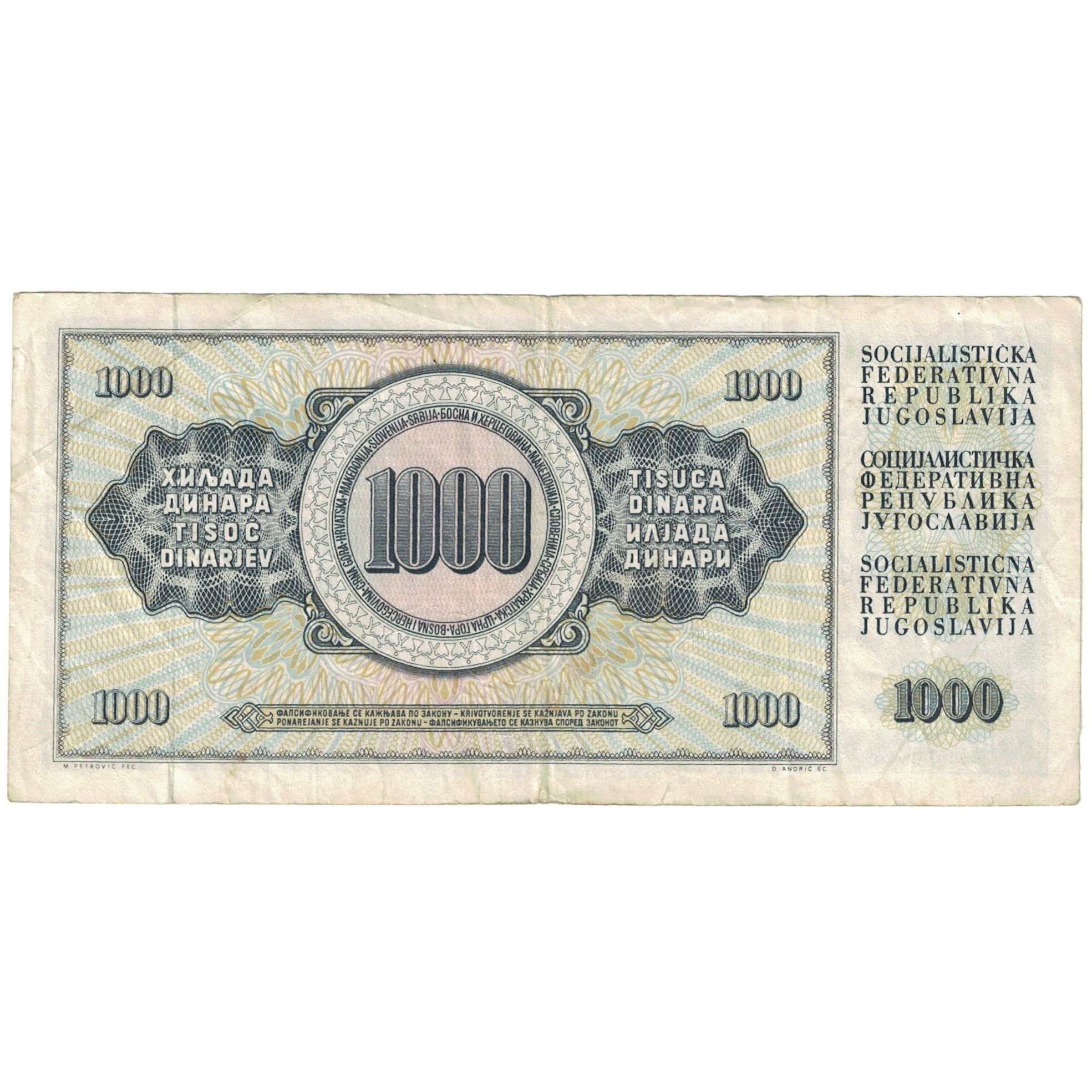 Banconote, Iugoslavia, 1000 Dinara, 1981, 1981-11-04, KM:92b, MB
