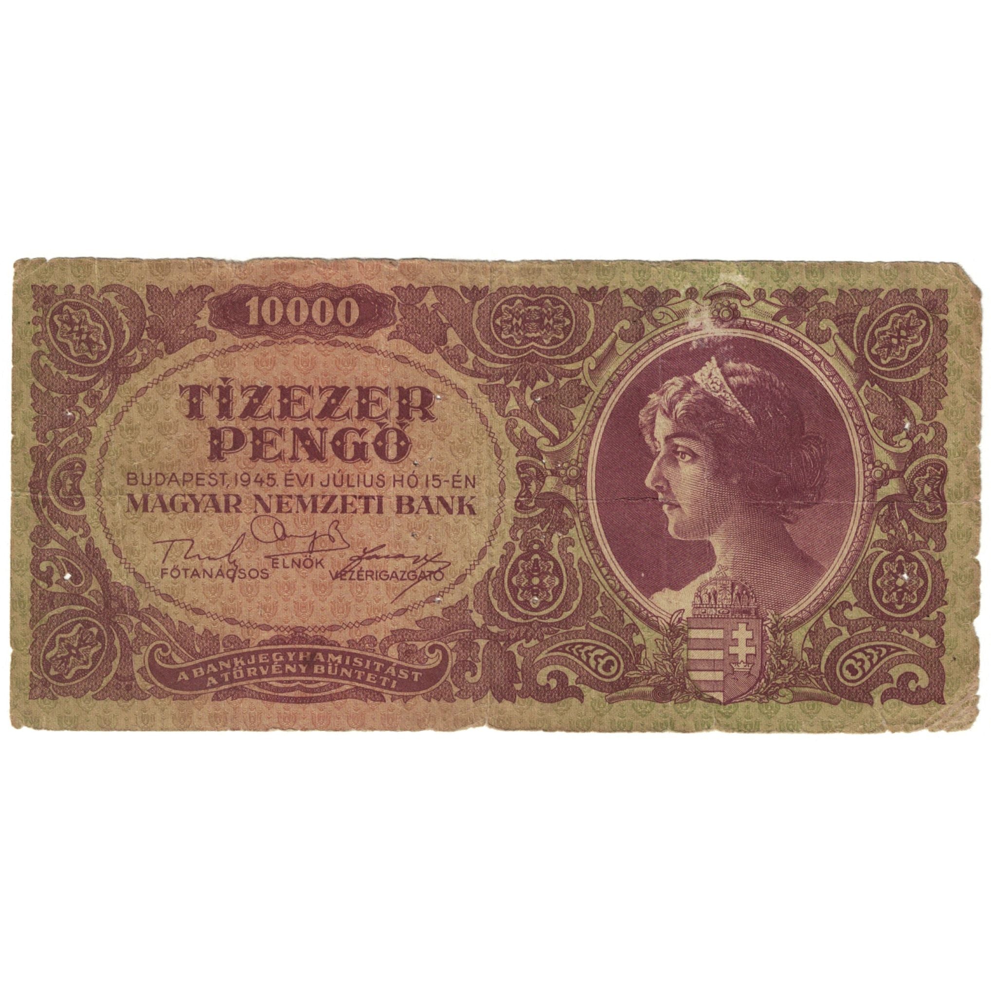 Banknote, Hungary, 10,000 Pengö, 1945, 1945-07-15, KM:119b, VG(8-10)