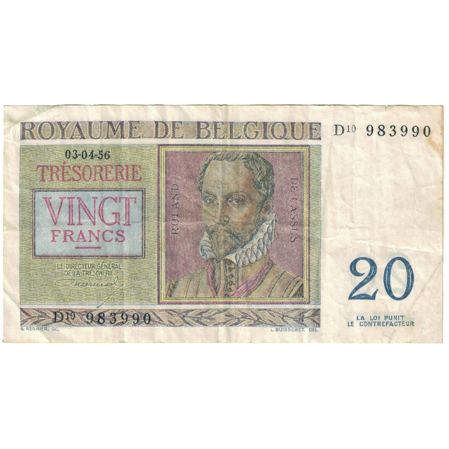 Banknot, Belgia, 20 Francs, 1956, 1956-04-03, KM:132a, VF(20-25)