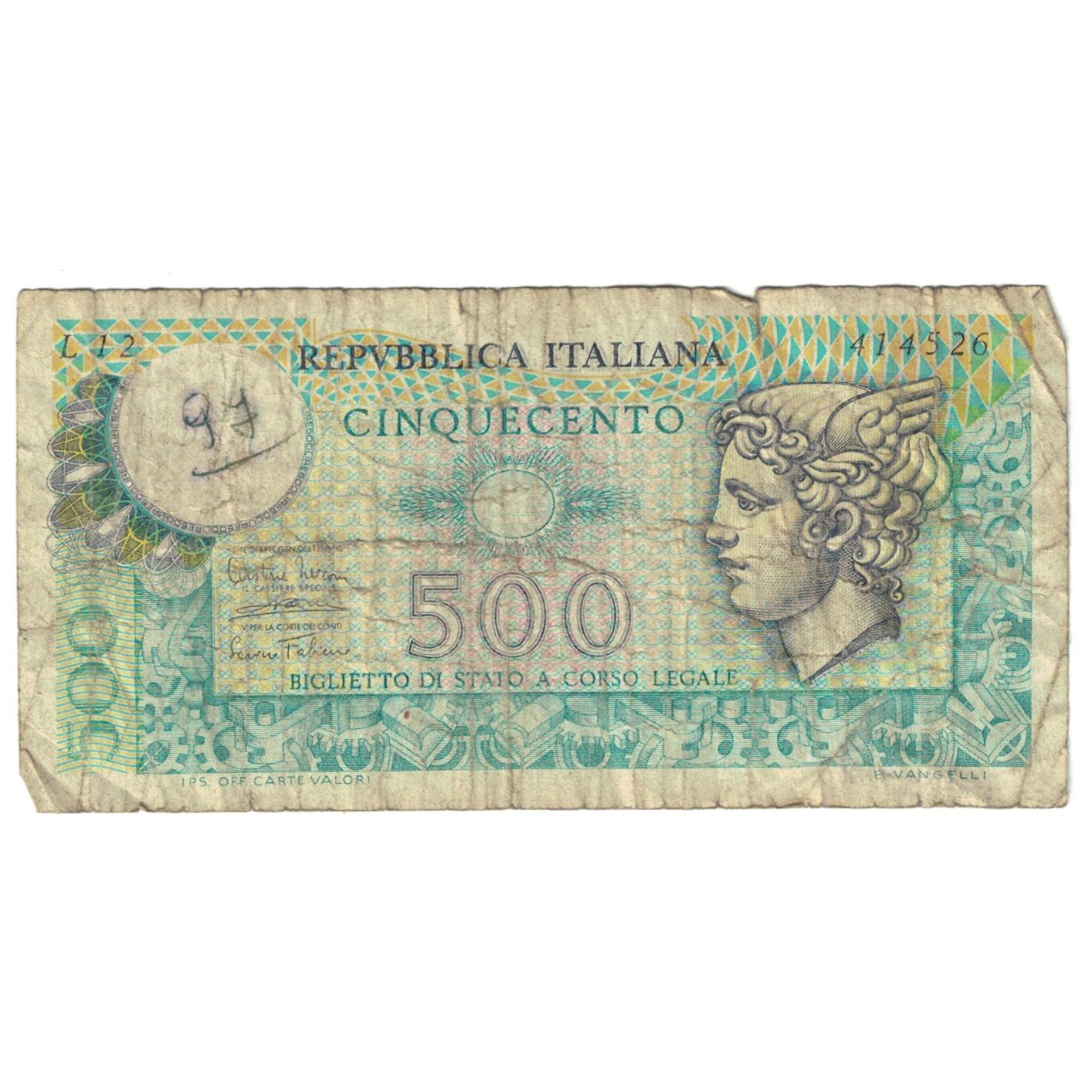 Nota, Itália, 500 Lire, 1976, 1976-12-20, KM:94, AG(1-3)