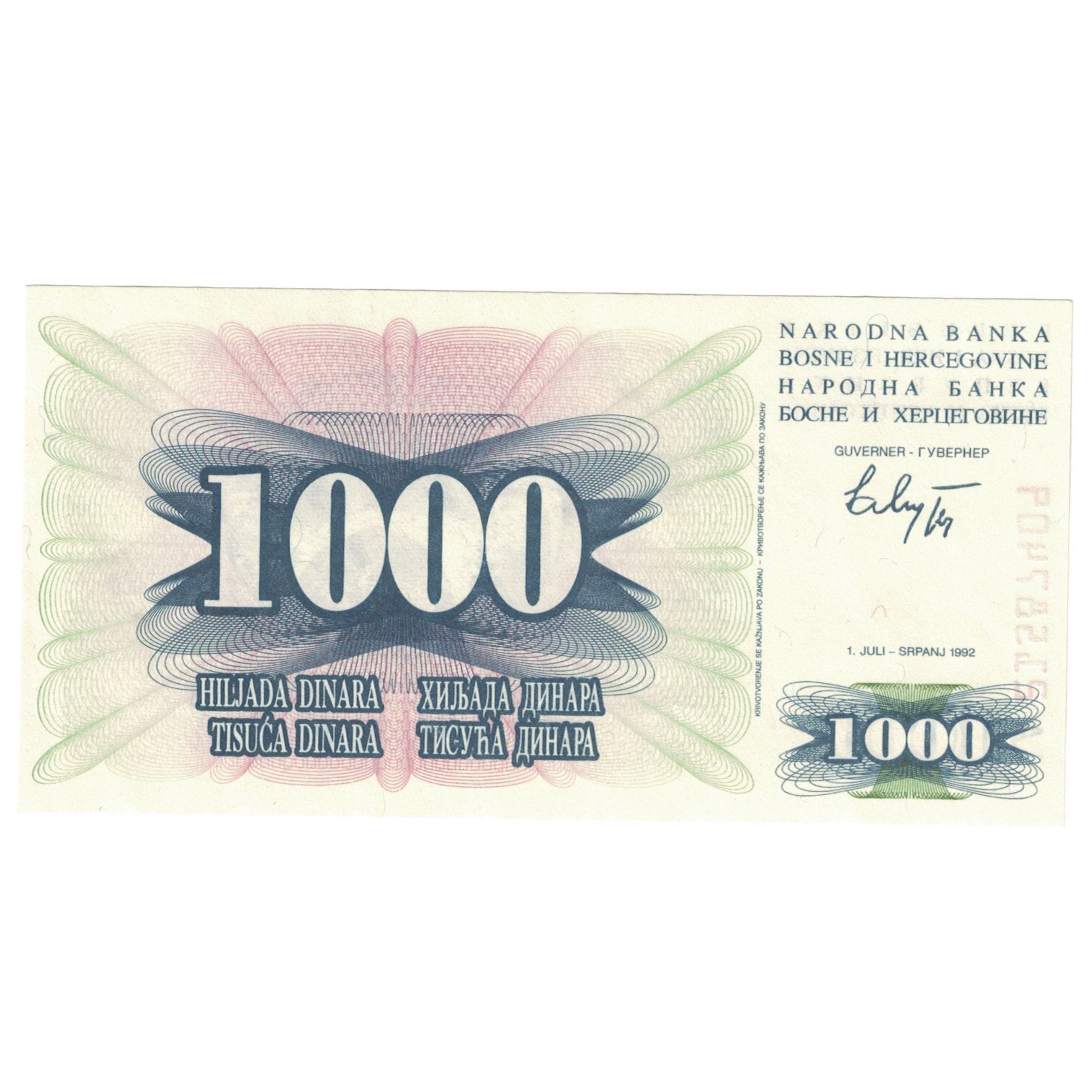 Banknote, Bosnia - Herzegovina, 1000 Dinara, 1992-07-01, KM:15a, UNC(65-70)