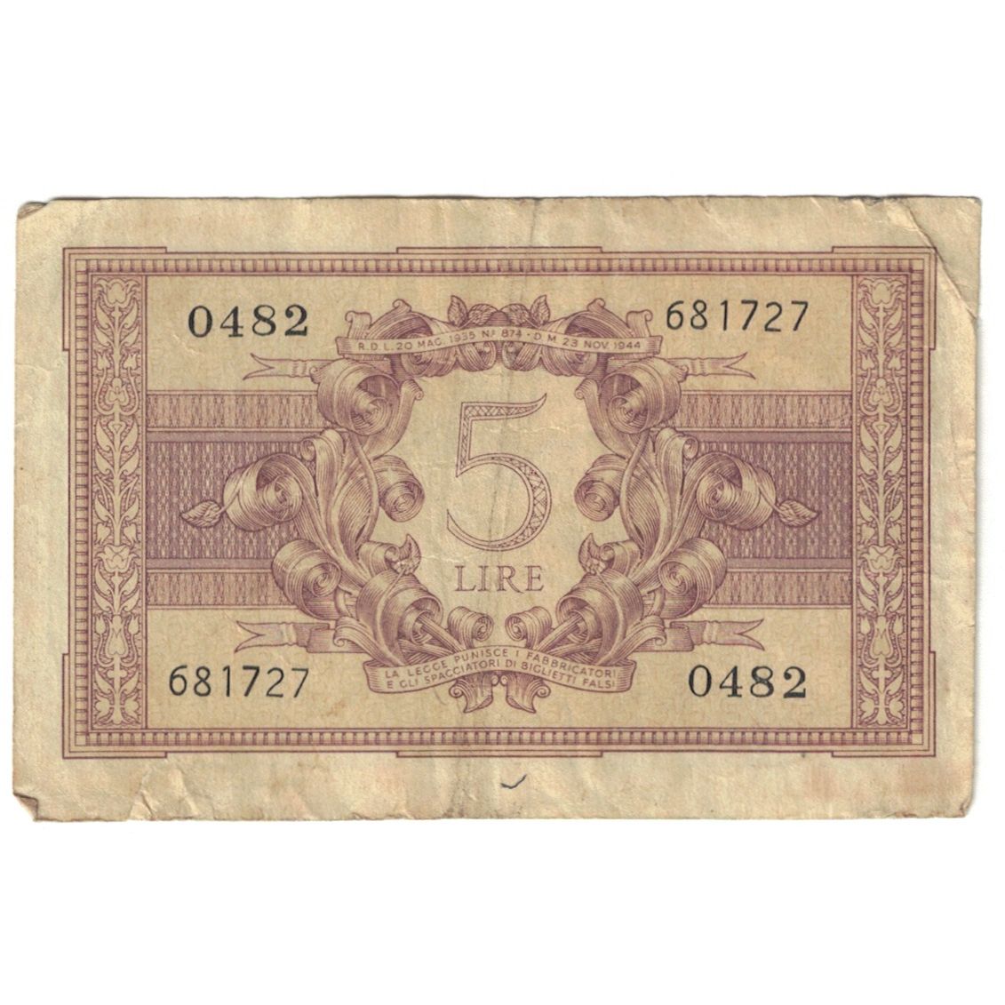 Banknote, Italy, 5 Lire, 1944, 1944-11-23, KM:31c, EF(40-45)