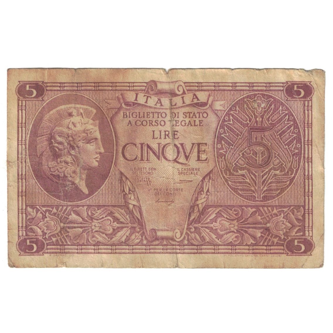 Banknote, Italy, 5 Lire, 1944, 1944-11-23, KM:31c, VF(20-25)
