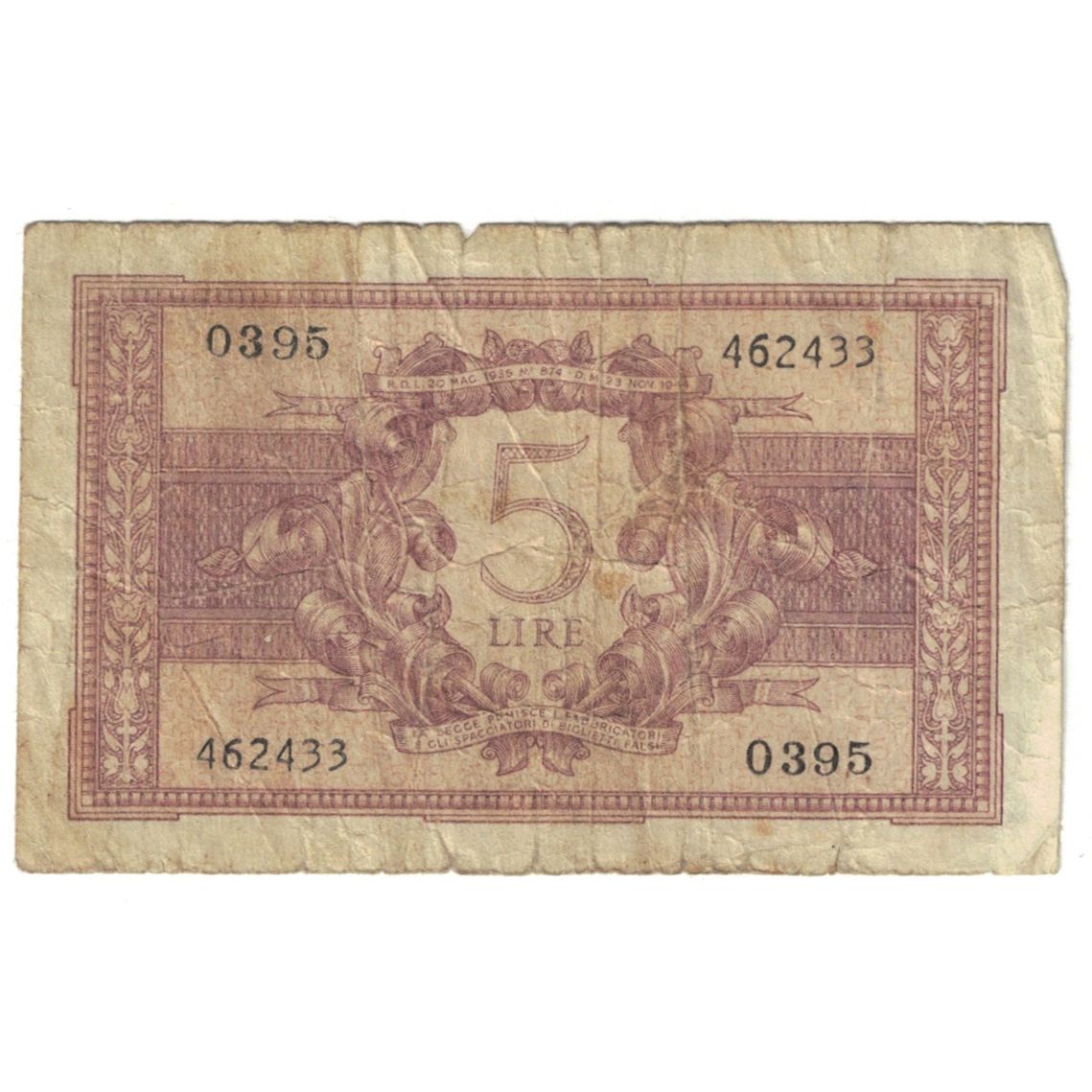 Banknote, Italy, 5 Lire, 1944, 1944-11-23, KM:31c, VG(8-10)