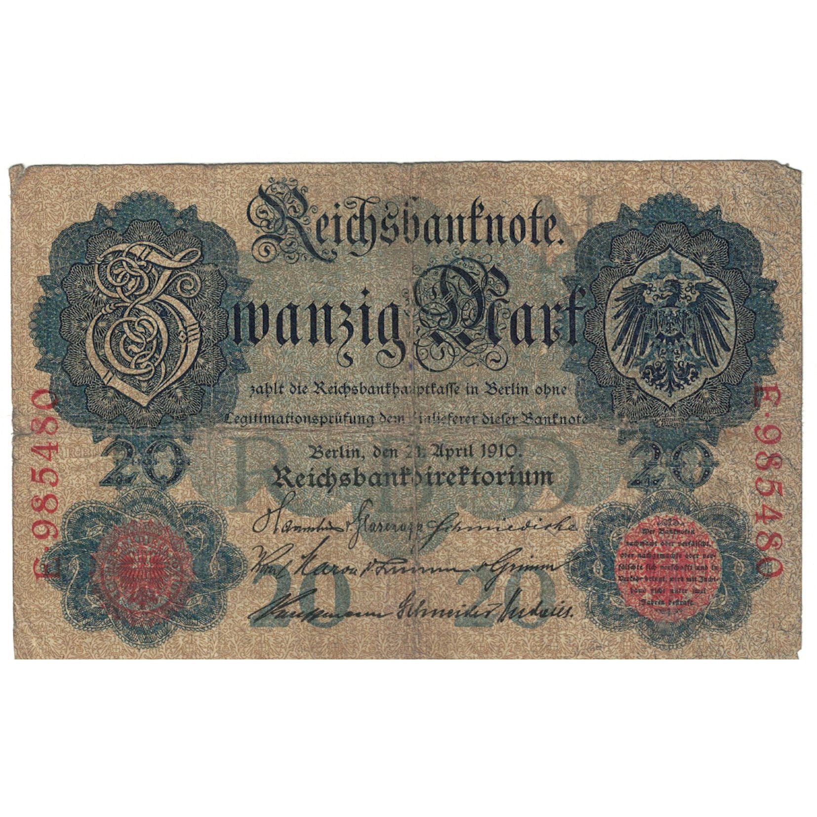 Banconote, Germania, 20 Mark, 1910, 1910-04-21, KM:40b, MB