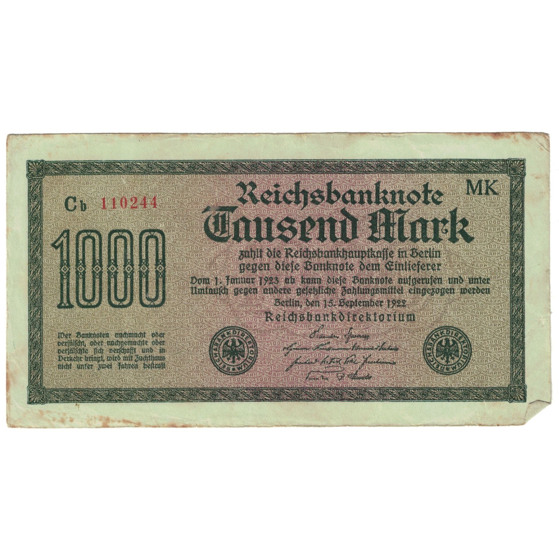 Biljet, Duitsland, 1000 Mark, 1922, 1922-09-15, KM:76c, SUP