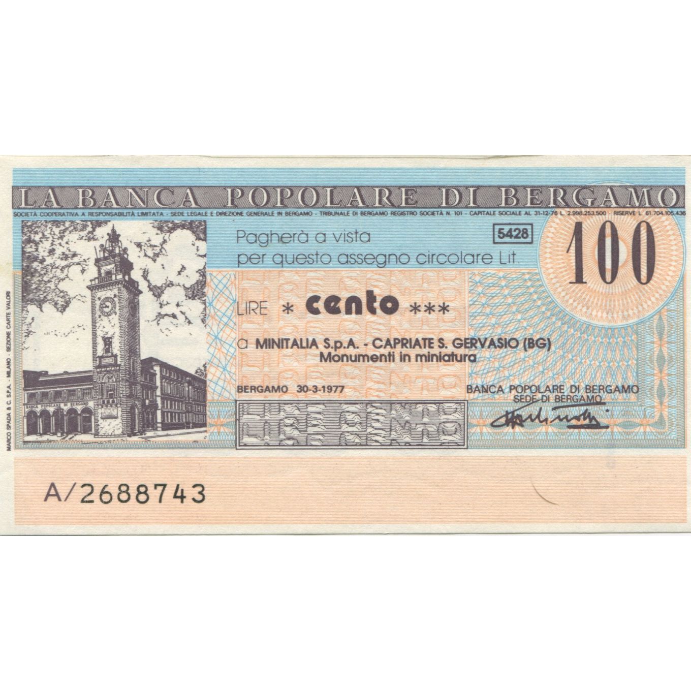 Banknote, Italy, 100 Lire, 1977, 1977-03-30, Bergamo, UNC(65-70)