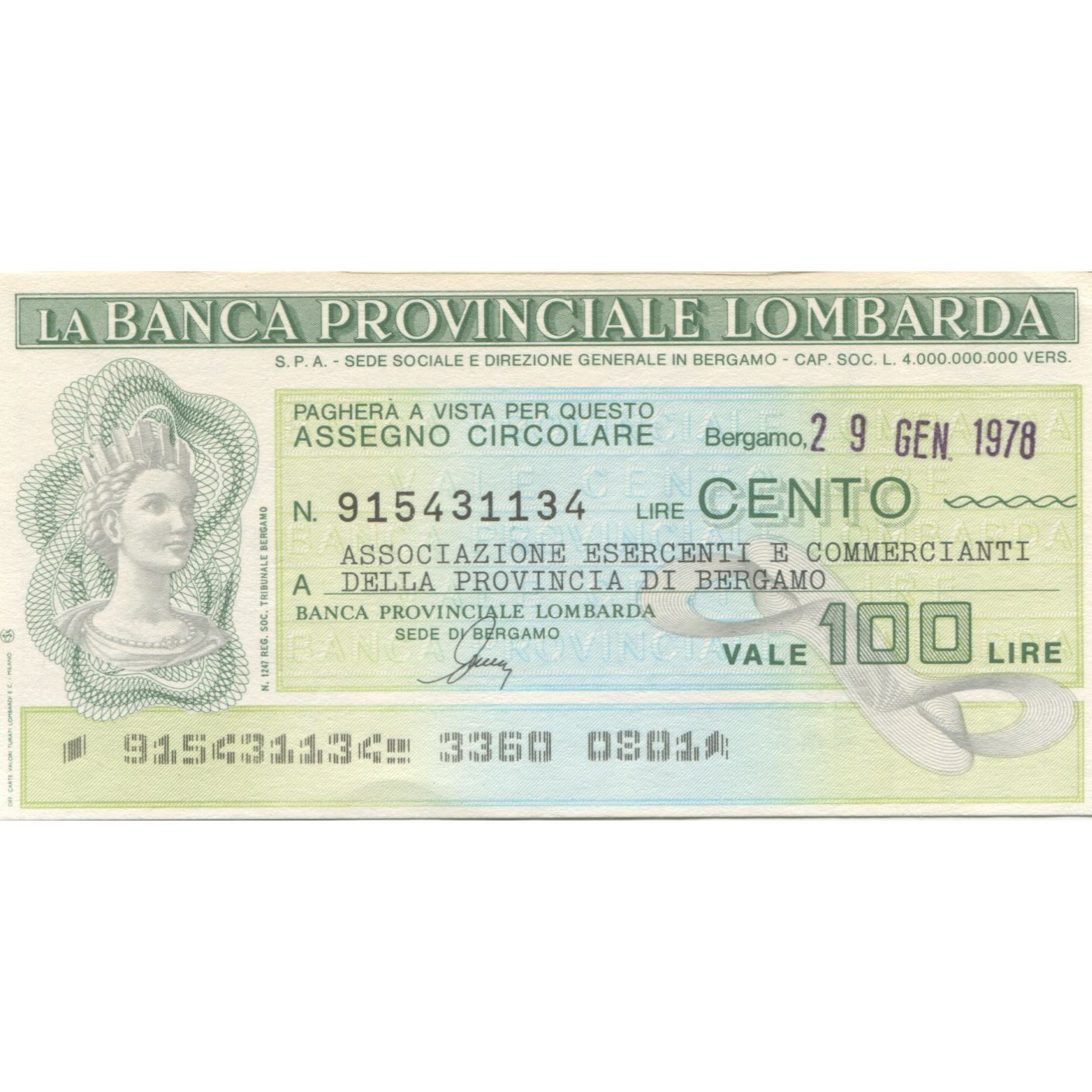 Billet, Italie, 100 Lire, 1976, 1976-09-23, Banca Provinciale Lombarda, NEUF