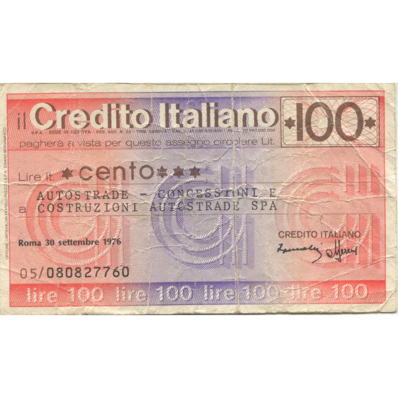 Billete, 100 Lire, 1976, Italia, 1976-09-06, Credito Italiano, RC