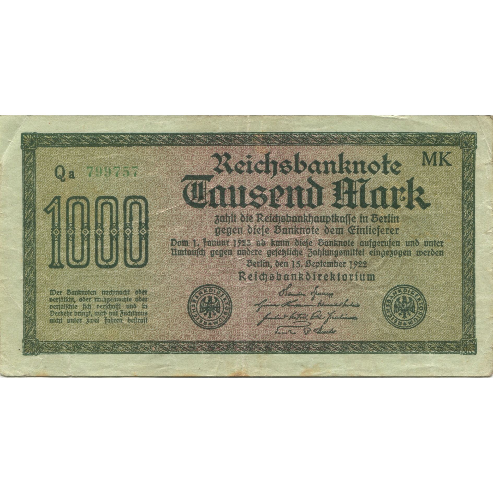 Banknot, Niemcy, 1000 Mark, 1923, 1923-01-01, KM:76c, EF(40-45)