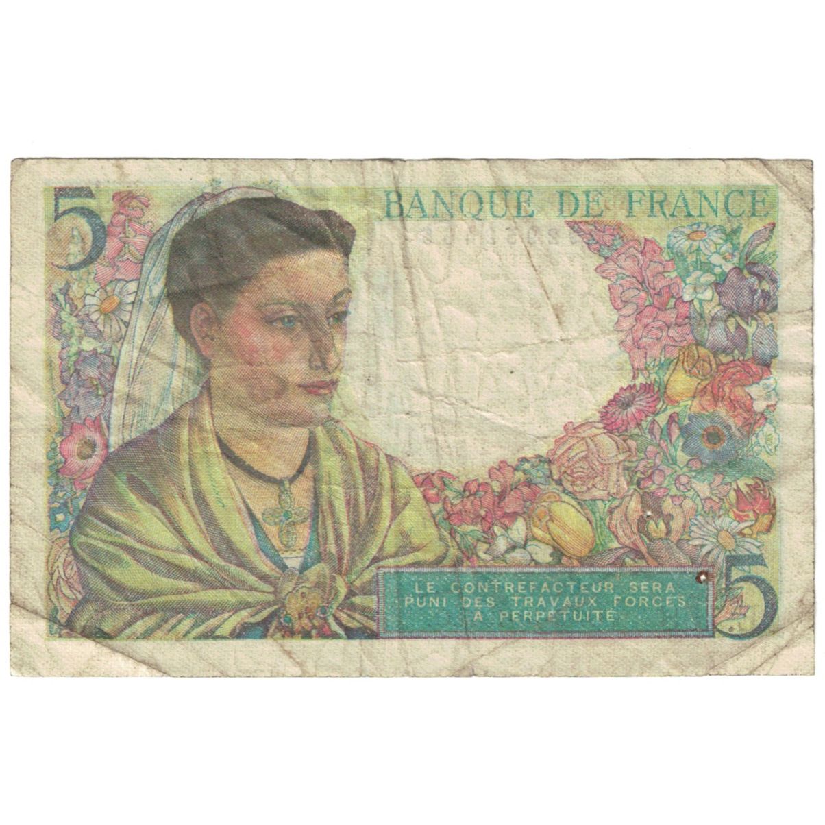 França, 5 Francs, 1947, E.158 52465, VG(8-10), Fayette:5.6, KM:98a