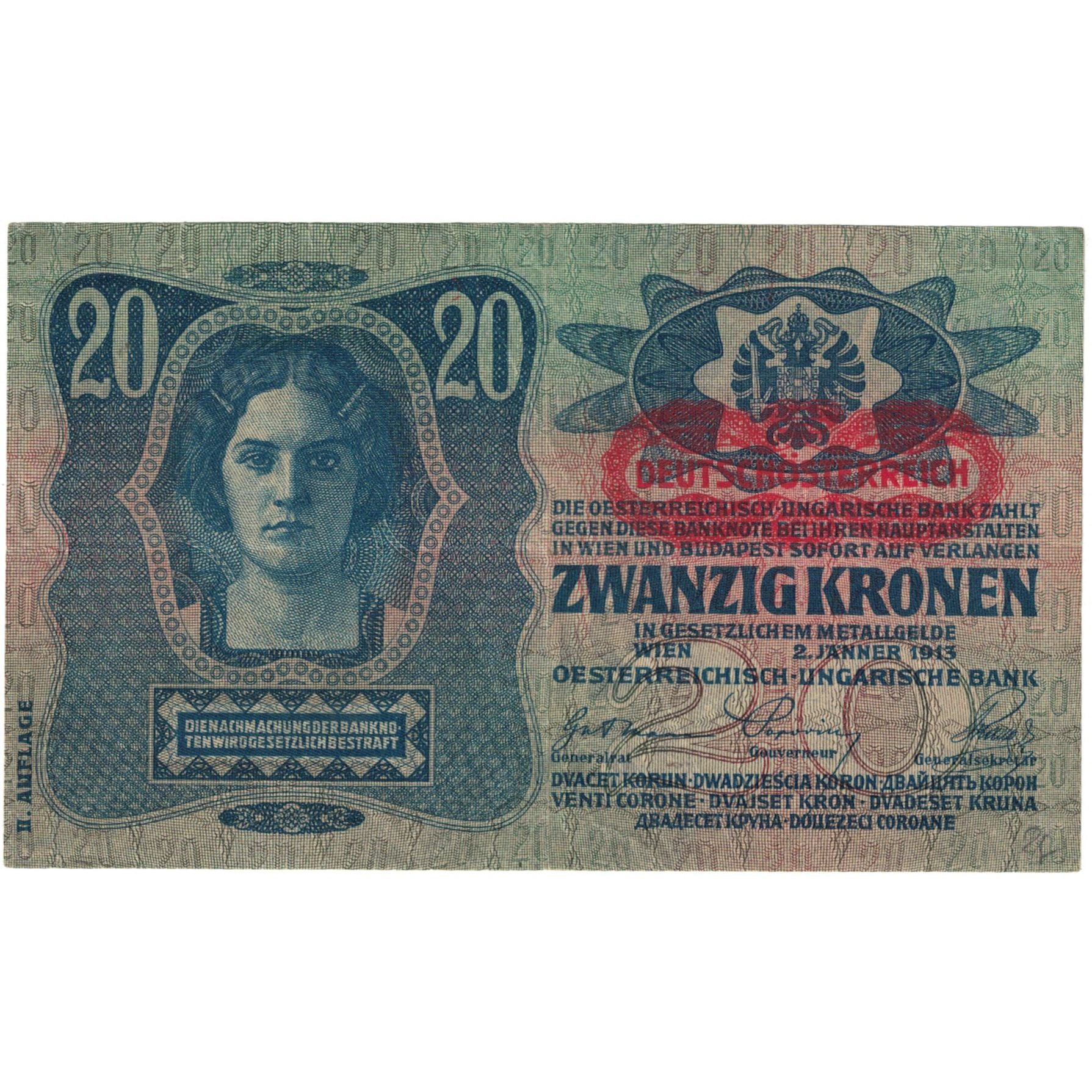 Banknote, Austria, 20 Kronen, 1913, 1913-01-02, KM:14, AU(55-58)