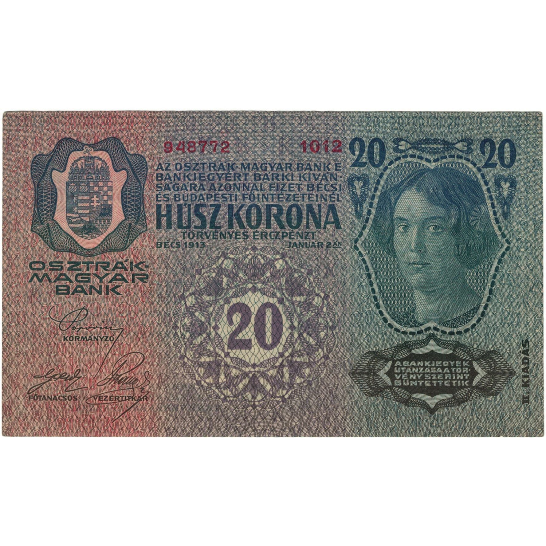 Billet, Autriche, 20 Kronen, 1913, 1913-01-02, KM:14, SUP