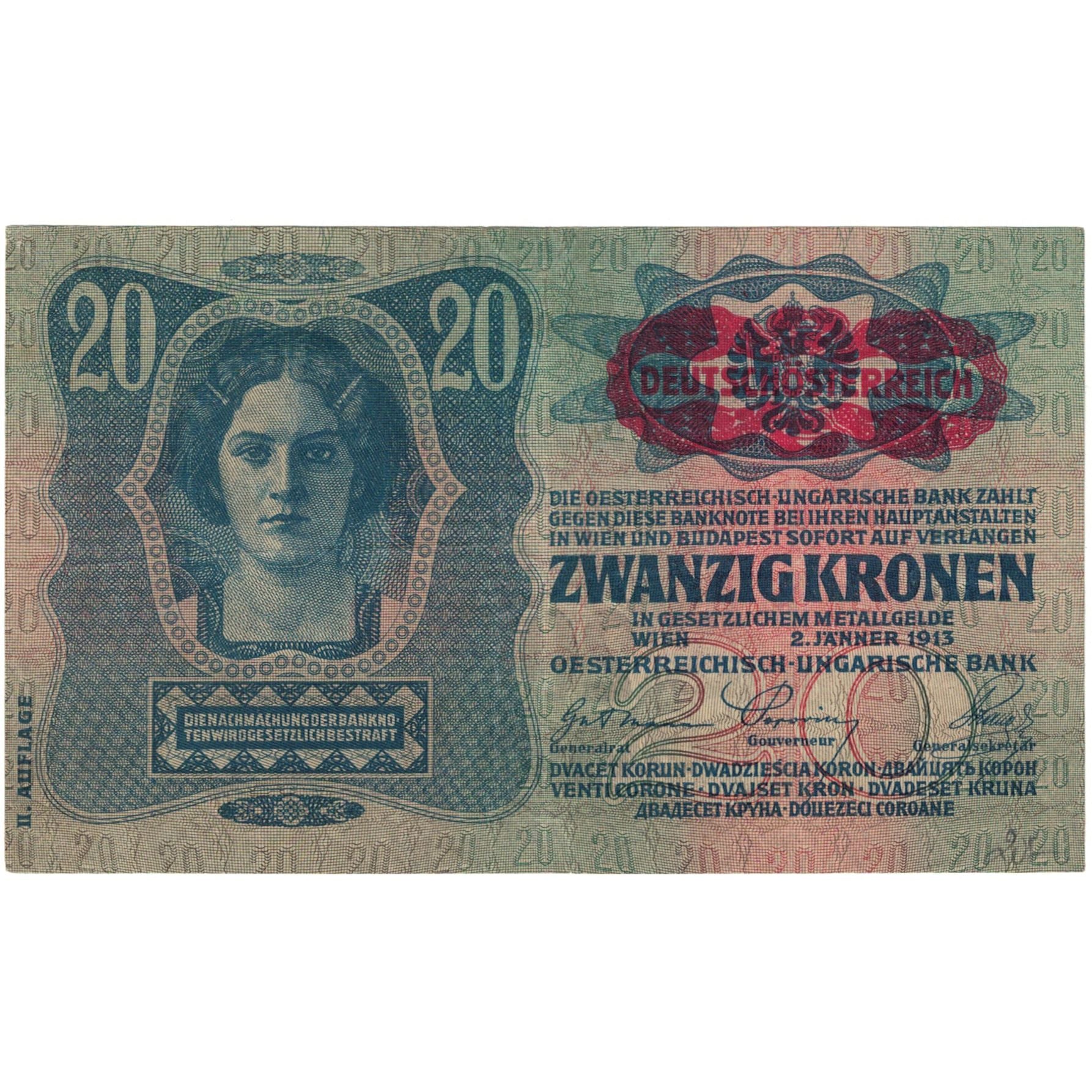 Banknote, Austria, 20 Kronen, 1913, 1913-01-02, KM:14, AU(55-58)