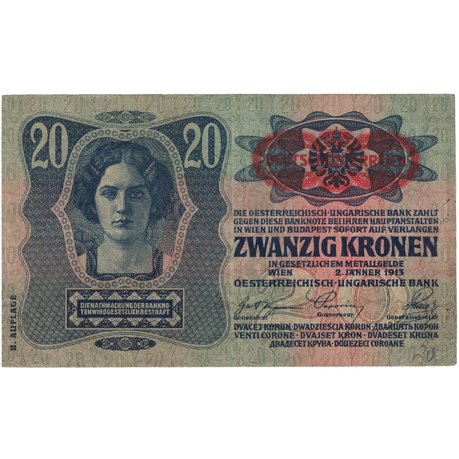 Banconote, Austria, 20 Kronen, 1913, 1913-01-02, KM:14, SPL-