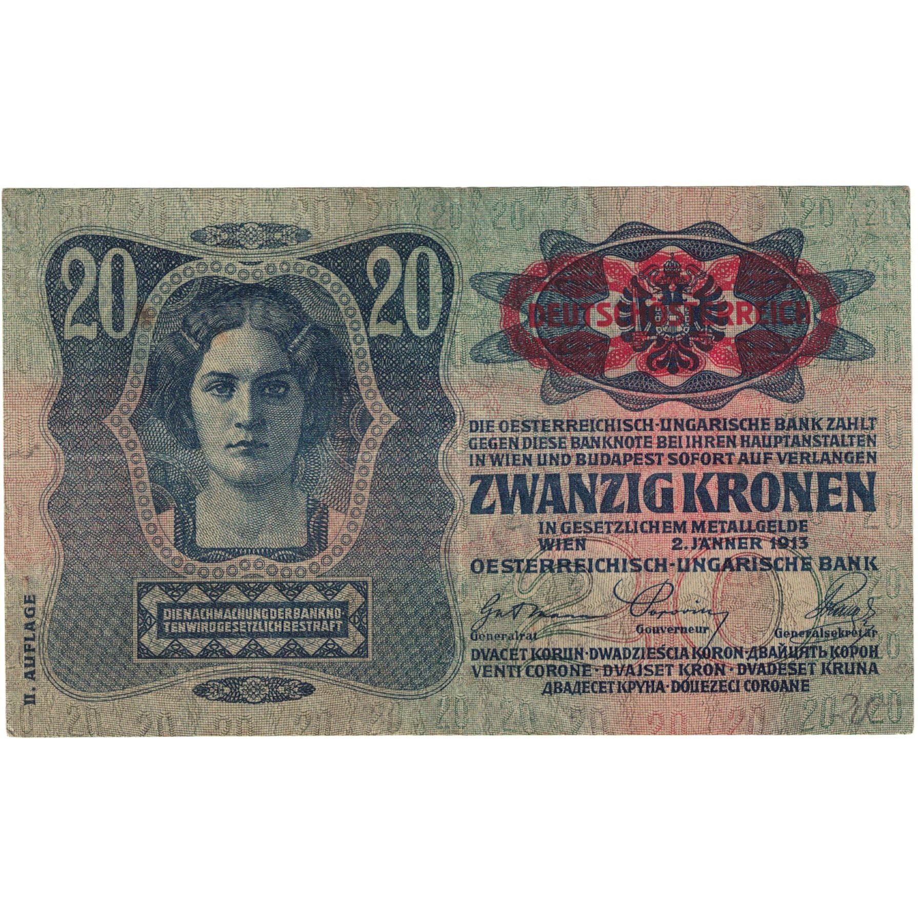 Banconote, Austria, 20 Kronen, 1913, 1913-01-02, KM:14, SPL-
