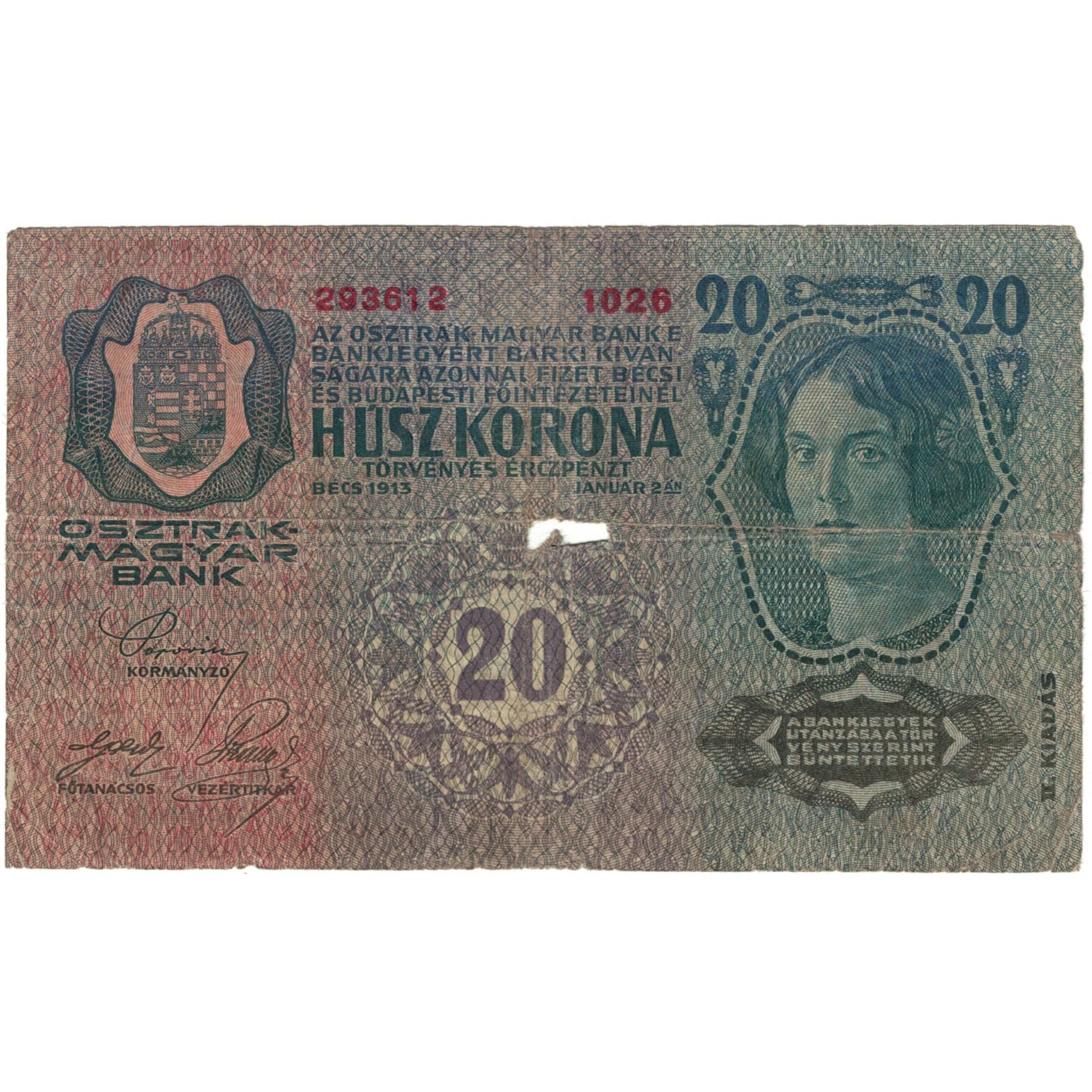 Nota, Hungria, 20 Korona, 1913, 1913-01-02, KM:23, VG(8-10)