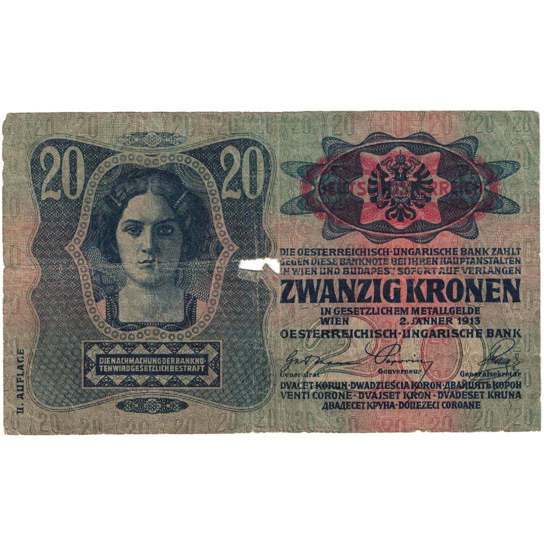 Nota, Hungria, 20 Korona, 1913, 1913-01-02, KM:23, VG(8-10)