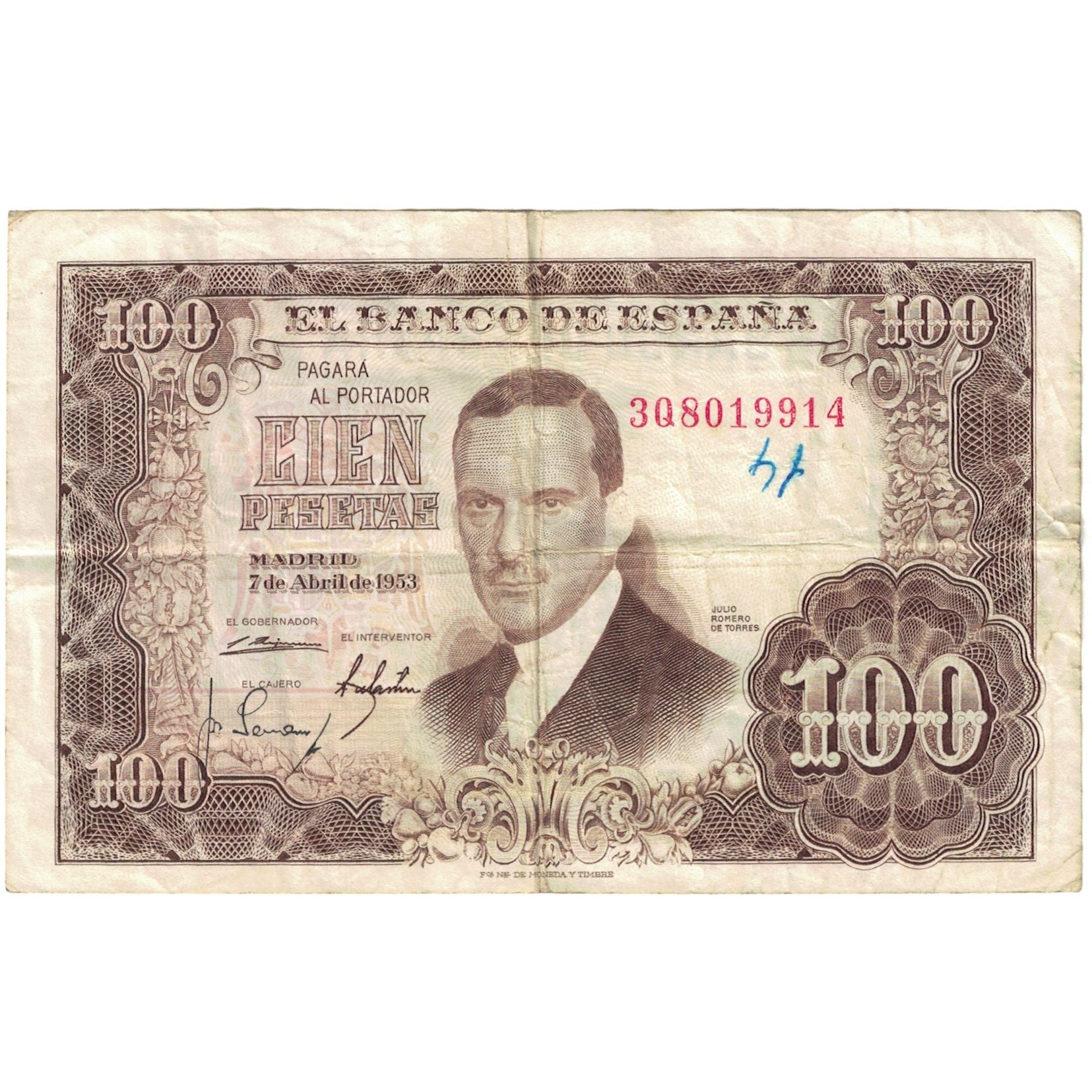 Banknote, Spain, 100 Pesetas, 1953-04-07, KM:145a, VG(8-10)