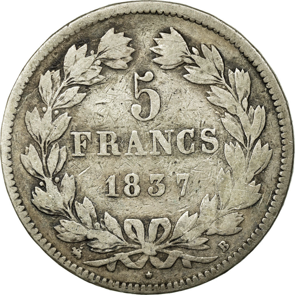 Coin, France, Louis-Philippe, 5 Francs, 1837, Rouen, VF(20-25), Silver