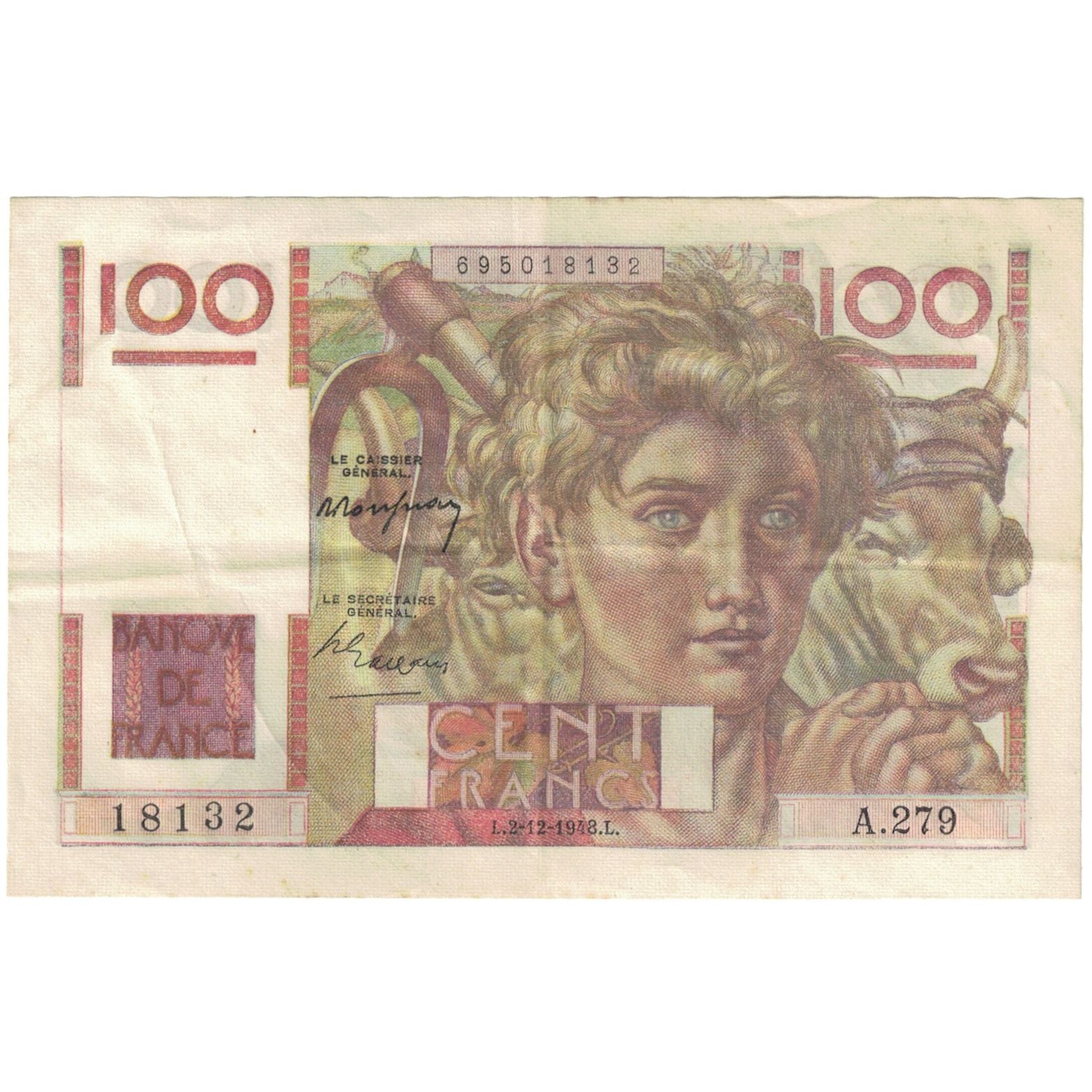 Francja, 100 Francs, Jeune Paysan, 1948, 18132 A.279, AU(50-53), Fayette:28.20