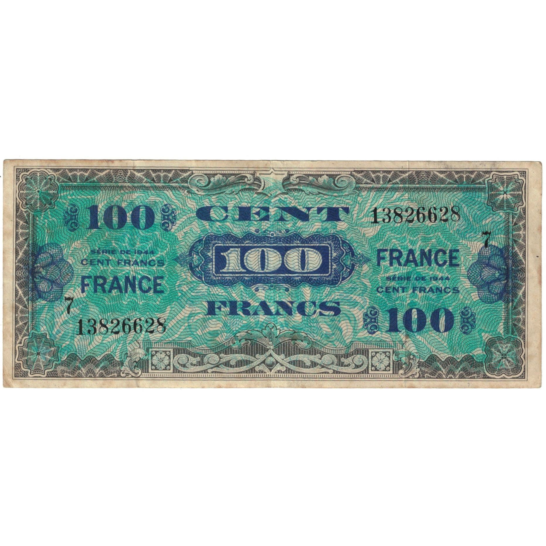France, 100 Francs, 1944, 13826628, EF(40-45), Fayette:VF25.7, KM:118a