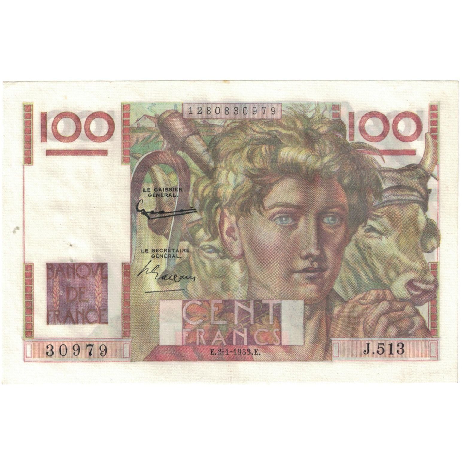 França, 100 Francs, Jeune Paysan, 1953, 30979 J.513, UNC(63), Fayette:25.35