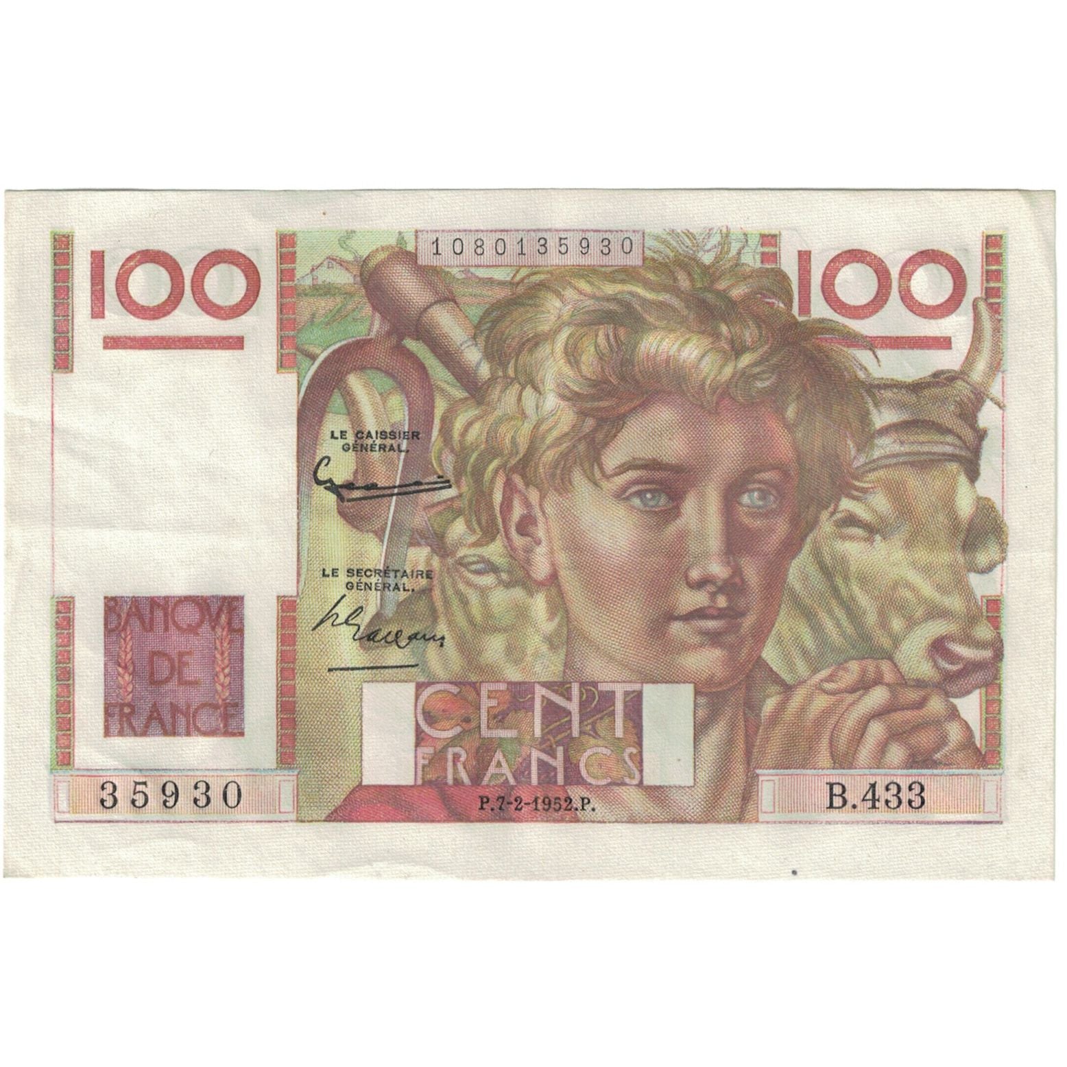 France, 100 Francs, Jeune Paysan, 1952, 35930 B.433, UNC(60-62), Fayette:28.31