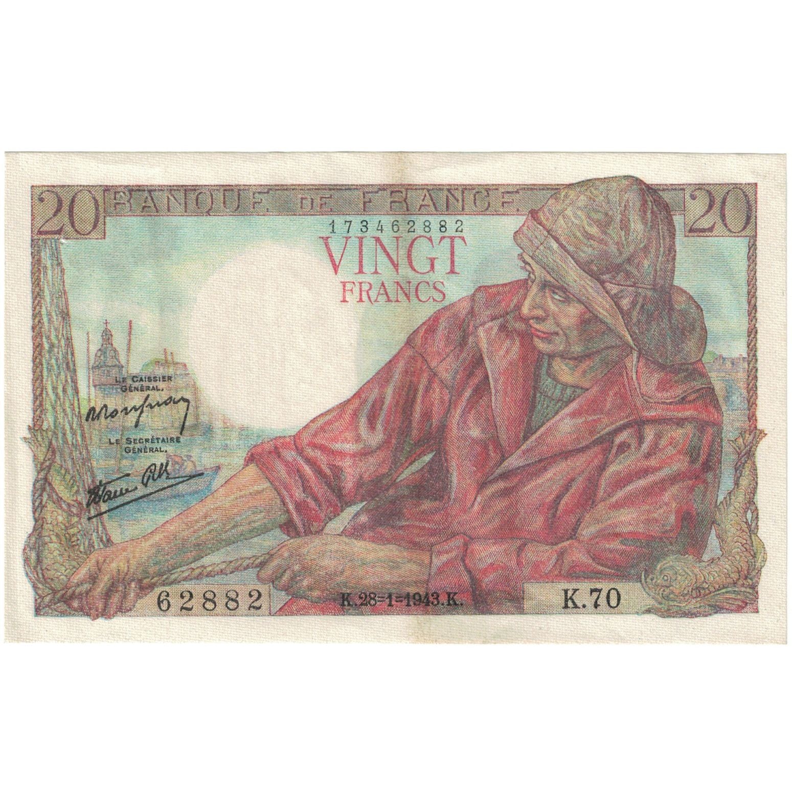 Frankrijk, 20 Francs, Pêcheur, 1943, 62882 K.70, TTB, Fayette:13.5, KM:100a