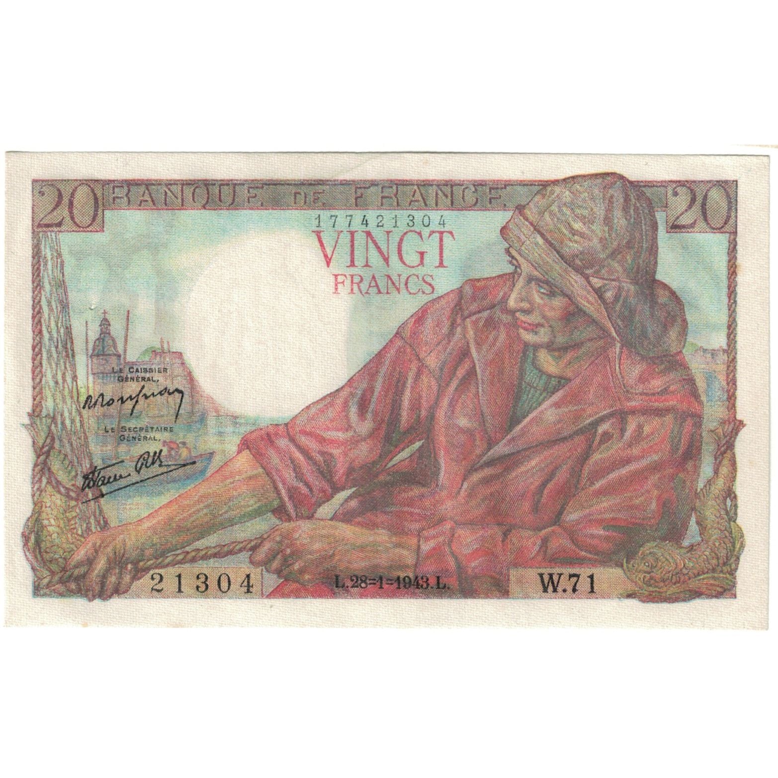 Frankreich, 20 Francs, Pêcheur, 1943, 21304 W.71, UNZ, Fayette:13.5, KM:100a