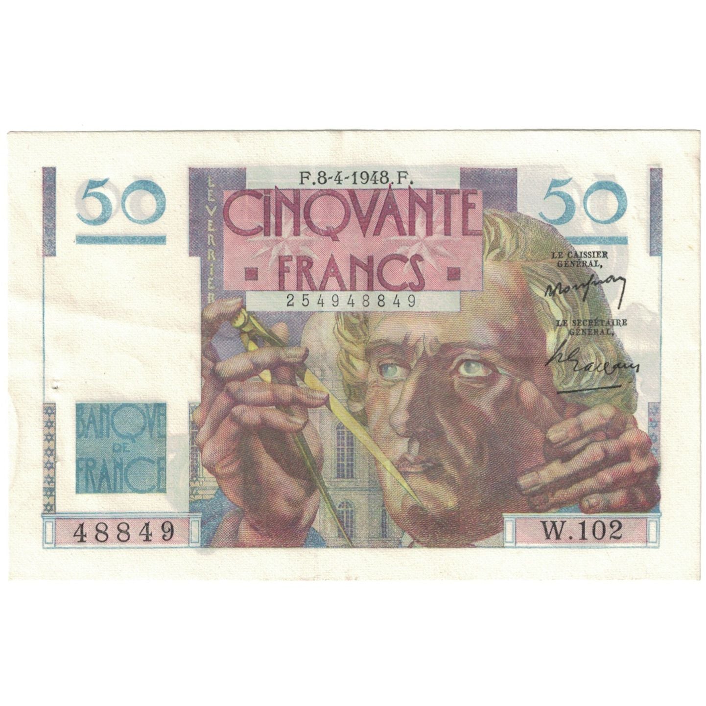 France, 50 Francs, Le Verrier, 1948, 48849 W.102, UNC(63), Fayette:20.10
