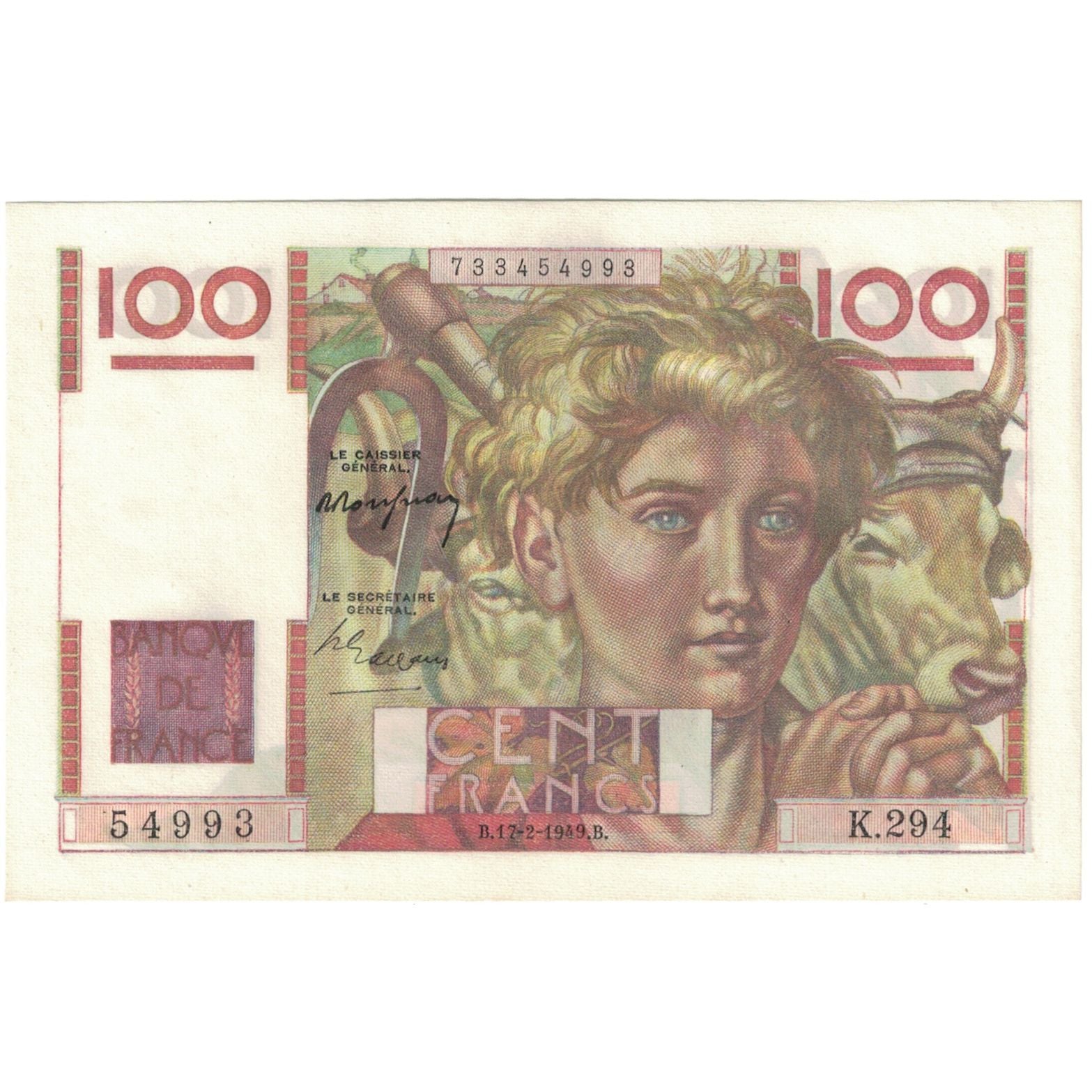 Frankrijk, 100 Francs, Jeune Paysan, 1949, 54993 K.294, NIEUW, Fayette:28.22